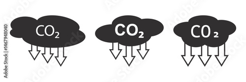 CO2 emissions into the atmosphere. Set of black vector CO2 icons. Set of simple abbreviation black cloud signs. Black CO2 emission reduction signs. Eps 10.