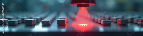 Symbolic manufacturing quality control line with glowing scanner beam highlighting an error in a gray industrial setting, concept of accuracy and efficiency LinkedIn background, banner