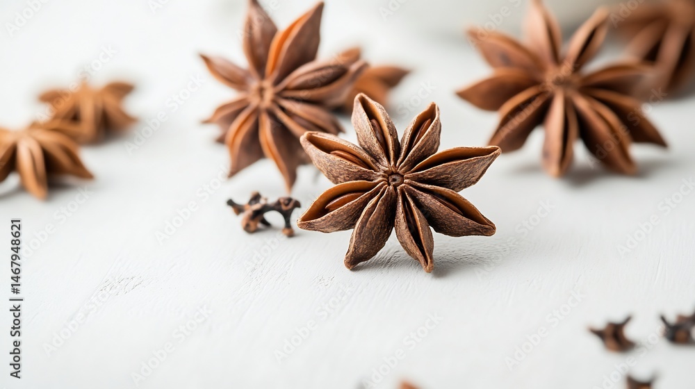 Side view of a few star anise pods placed on a white surface showcasing the fine details of the spice overlay cut out on isolated transparent removed background Side view of a few star anise pods placed on a white surface showcasing the fine details of the spice overlay cut out on isolated transparent removed background