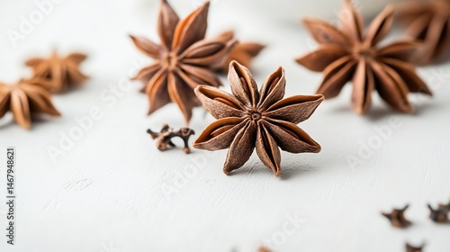 Fototapeta Naklejka Na Ścianę i Meble -  Side view of a few star anise pods placed on a white surface showcasing the fine details of the spice overlay cut out on isolated transparent removed background