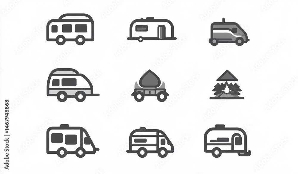 RV and Camper Icon Set: A Minimalist Graphic Design