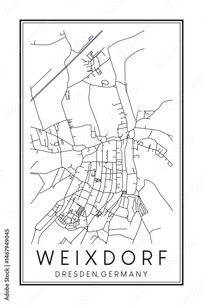 Fototapeta premium Hand drawn printable downtown road map poster of borough WEIXDORF of the German city of DRESDEN on solid white background with city name