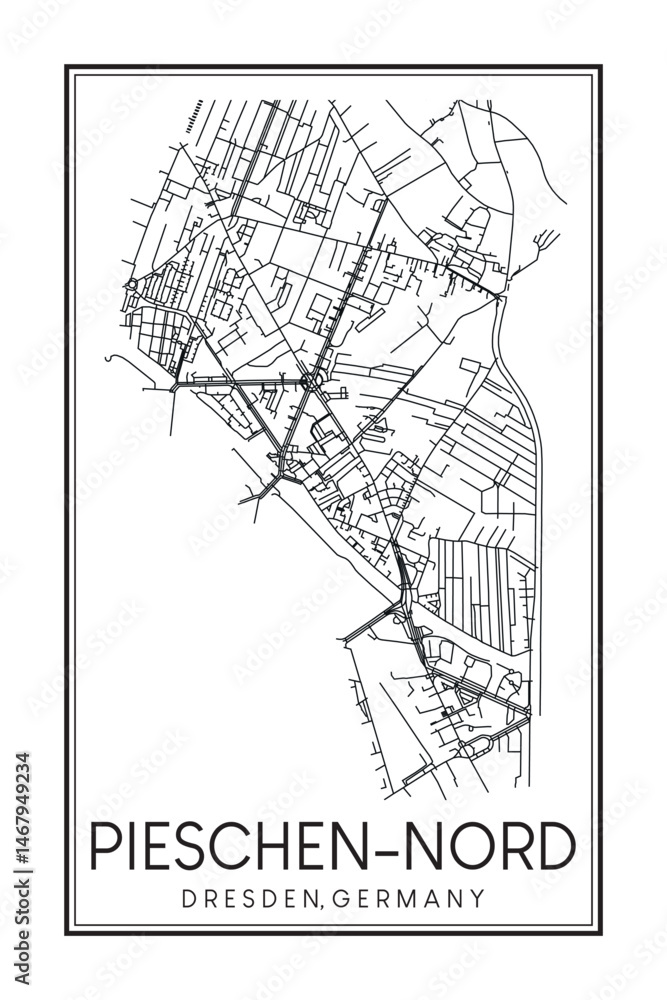 Fototapeta premium Hand drawn printable downtown road map poster of borough PIESCHEN-NORD-TRACHENBERGE MIT LEIPZIGER VORSTADT-NORDWEST of the German city of DRESDEN on solid white background with city name