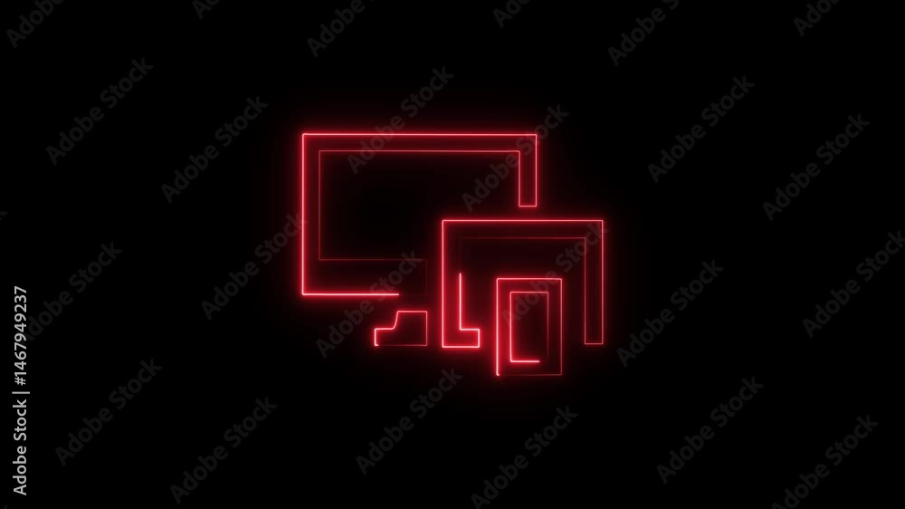 Glowing Neon Cross-Platform Icon Animation on Black Background, HD Motion Graphic Representing Multi-Device Connectivity and Compatibility Glowing Neon Cross-Platform Icon Animation on Black Background, HD Motion Graphic Representing Multi-Device Connectivity and Compatibility