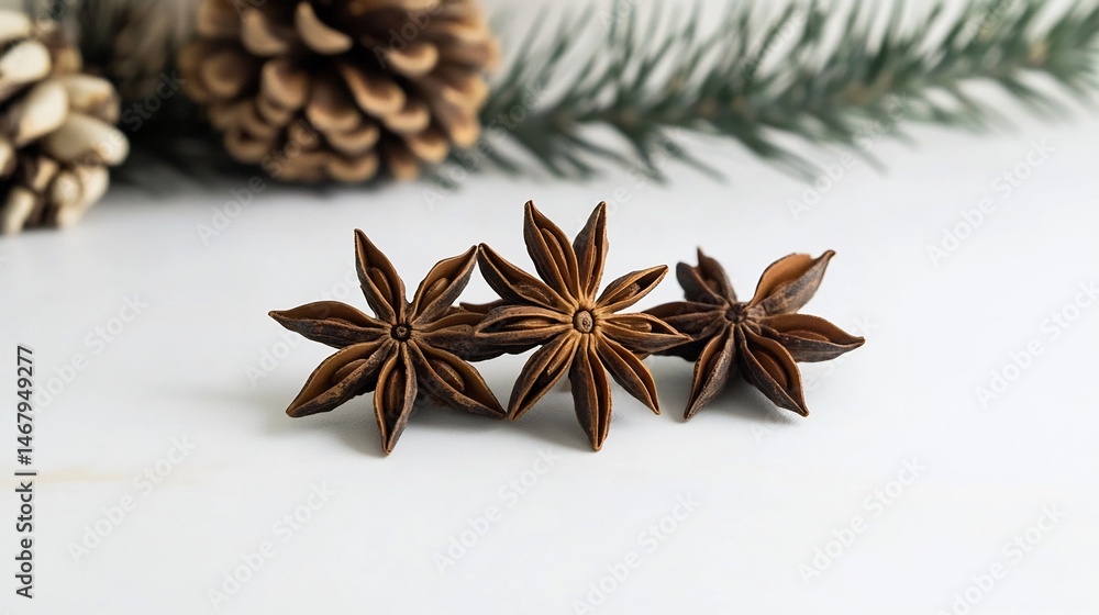 Side view of a few star anise pods placed on a white surface showcasing the fine details of the spice overlay cut out on isolated transparent removed background Side view of a few star anise pods placed on a white surface showcasing the fine details of the spice overlay cut out on isolated transparent removed background