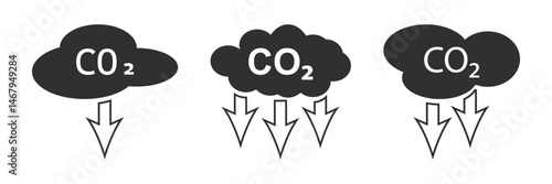 CO2 emissions into the atmosphere. Set of black vector CO2 icons. Set of simple abbreviation black cloud signs. Black CO2 emission reduction signs. Eps 10.