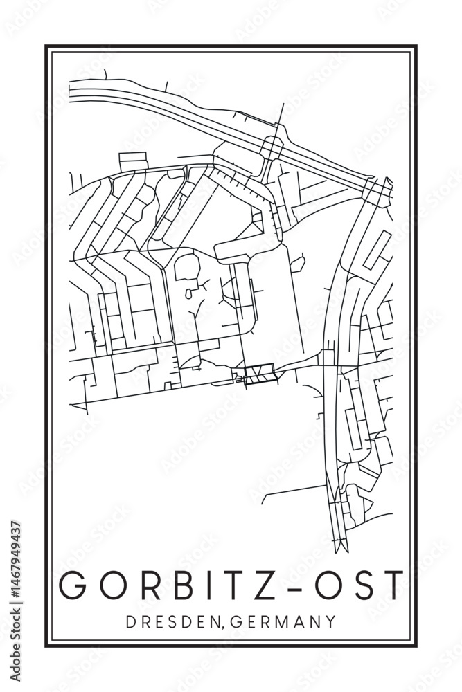 Fototapeta premium Hand drawn printable downtown road map poster of borough GORBITZ-OST of the German city of DRESDEN on solid white background with city name