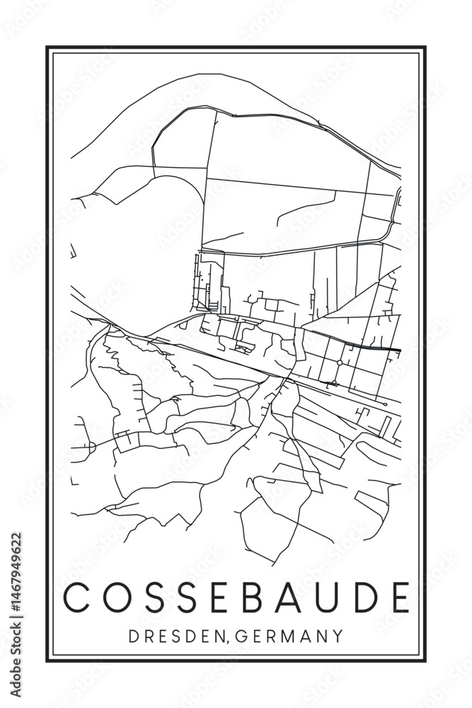 Obraz premium Hand drawn printable downtown road map poster of borough COSSEBAUDE of the German city of DRESDEN on solid white background with city name