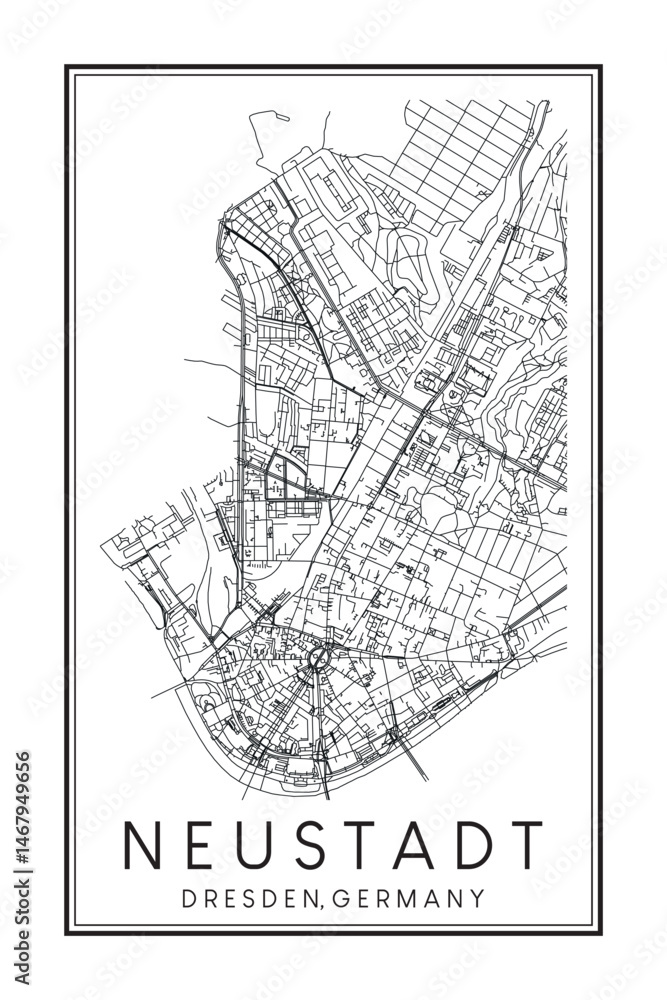 Obraz premium Hand drawn printable downtown road map poster of borough NEUSTADT of the German city of DRESDEN on solid white background with city name