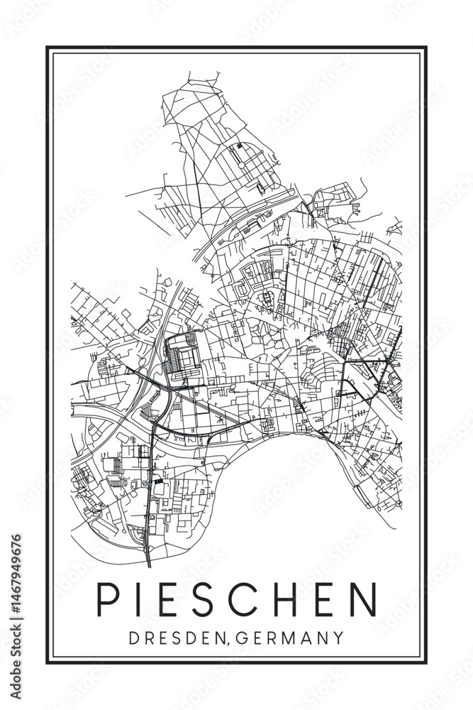 Fototapeta premium Hand drawn printable downtown road map poster of borough PIESCHEN of the German city of DRESDEN on solid white background with city name