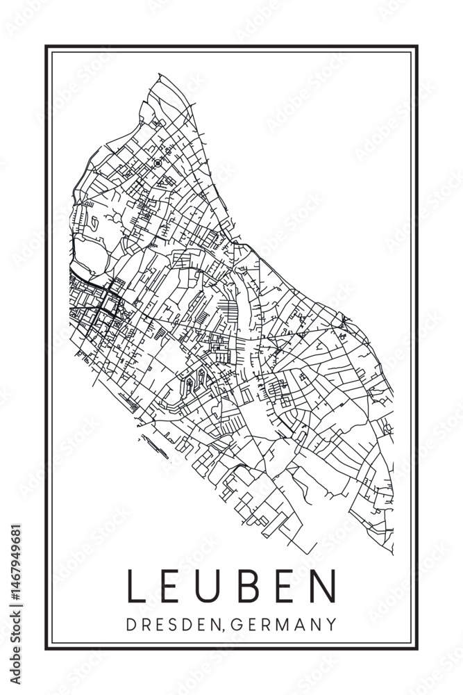Obraz premium Hand drawn printable downtown road map poster of borough LEUBEN of the German city of DRESDEN on solid white background with city name