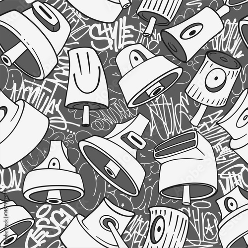 Seamless pattern with graffiti caps, spray can nozzles, and hand-drawn tags. Urban street art background with lettering elements in hip-hop style