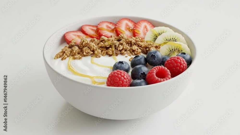 A close-up of a healthy breakfast bowl filled with fresh fruit, granola, and honey. A close-up of a healthy breakfast bowl filled with fresh fruit, granola, and honey.