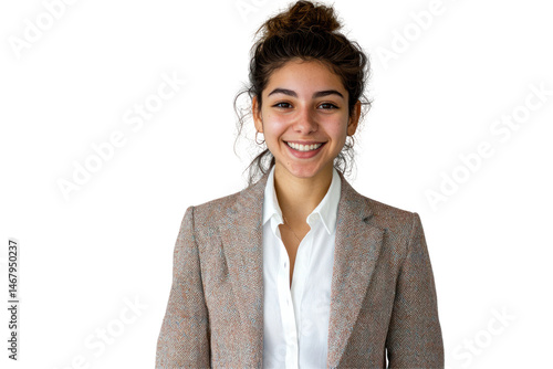 Portrait of a smiling woman wearing a blazer and a white shirt against a background