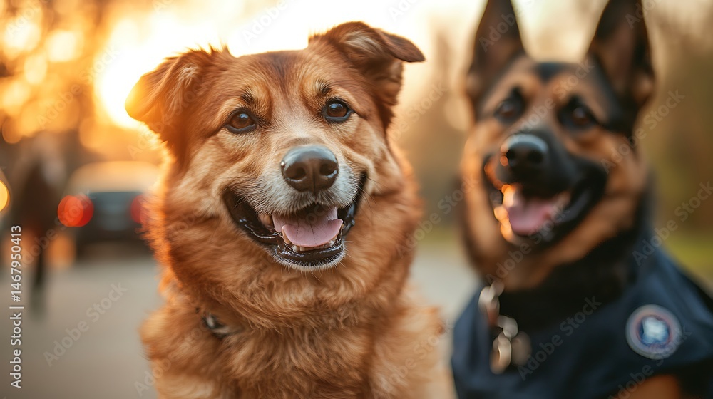 Fototapeta premium Two dogs at sunset, one in police vest. .Friendly dogs outdoors at sunset, one in service uniform. Symbol of hope, safety and justice. United against pet theft. Dog Theft Awareness Day campaign