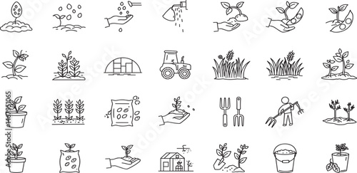Soil ground and gardening editable stroke outline icons set isolated on white background flat vector illustration. 