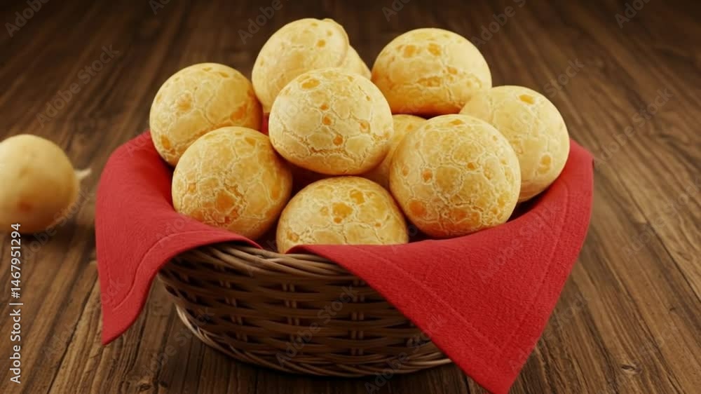 A basket filled with golden-brown, freshly baked cheese bread rolls with a wooden background. A basket filled with golden-brown, freshly baked cheese bread rolls with a wooden background.