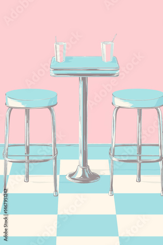 Seamless retro diner vector background with center jukebox and pink teal pastel tile design