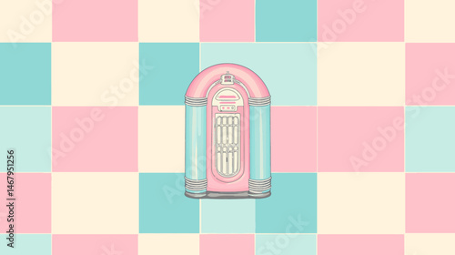 Retro jukebox illustration on pink diner wall with teal tile vector background for presentations