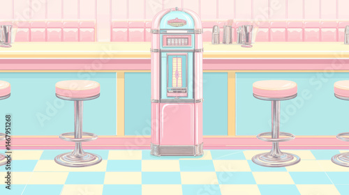 Seamless retro diner vector background with center jukebox and pink teal pastel tile design