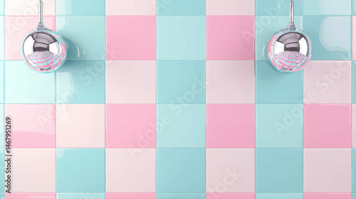 Seamless vector background of pastel checker tiles with chrome fixtures for banners and decor projects