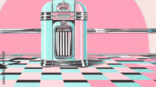 Retro jukebox illustration on pink diner wall with teal tile vector background for presentations