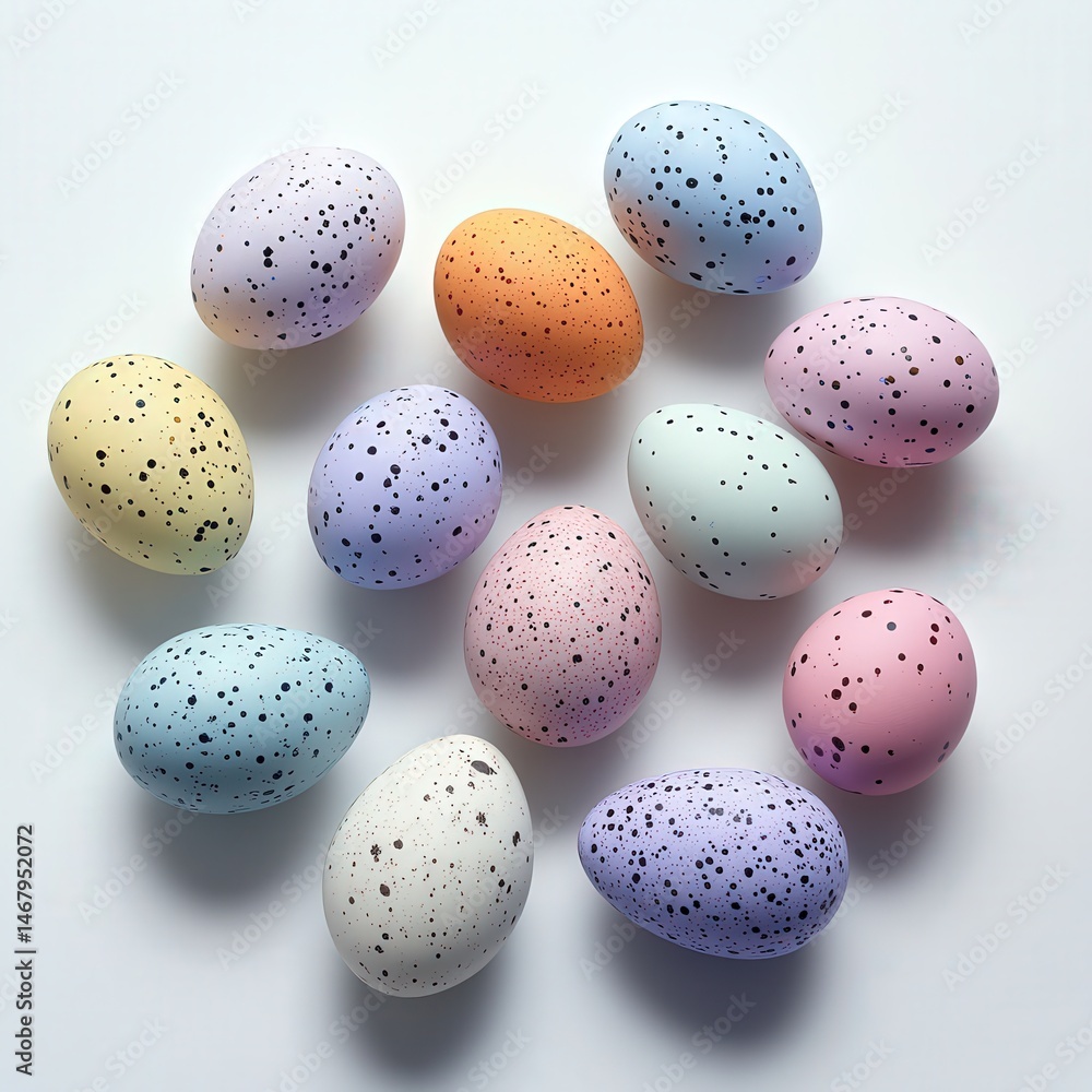Colorful speckled easter eggs arranged on a clean white background perfect for spring celebrations. Colorful speckled easter eggs arranged on a clean white background perfect for spring celebrations.