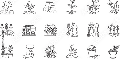 Soil ground and gardening editable stroke outline icons set isolated on white background flat vector illustration. 