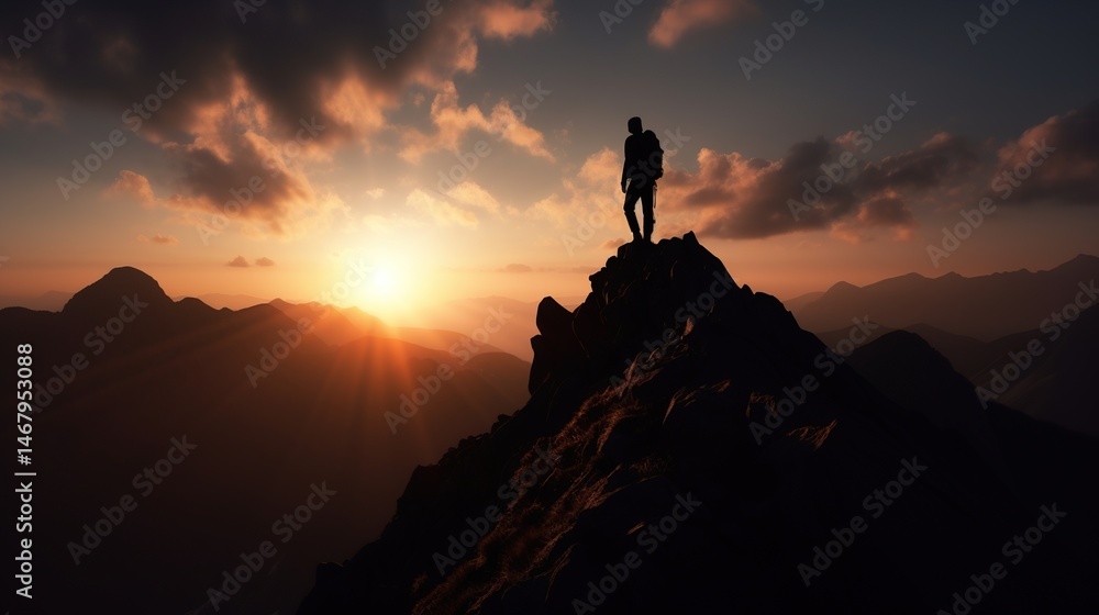 Silhouette of hiker atop mountain peak at sunset Silhouette of hiker atop mountain peak at sunset