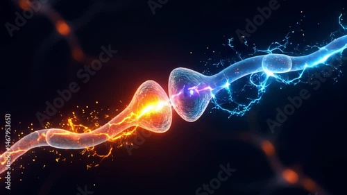 Close-up digital rendering of synapse firing between neurons with bright orange and blue electric impulses Concepts synaptic transmission, neurobiology,  brain communication, electric signal, neuron 
