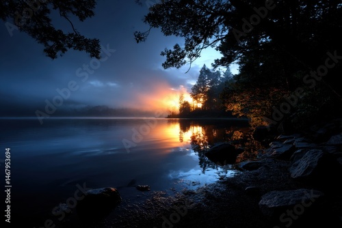 Serene lake at sunrise with silhouetted trees, vibrant orange sky, and mist over calm water