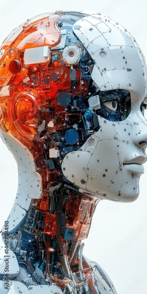 Fototapeta premium Detailed Look Inside Humanoid Robot Head and Torso Displaying Intricate Internal Components and Futuristic Synthetic Structure