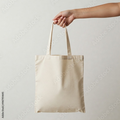 A hand is holding a blank beige canvas tote bag against a neutral background. The bag is centered and clearly visible, suitable for mockups or product display.