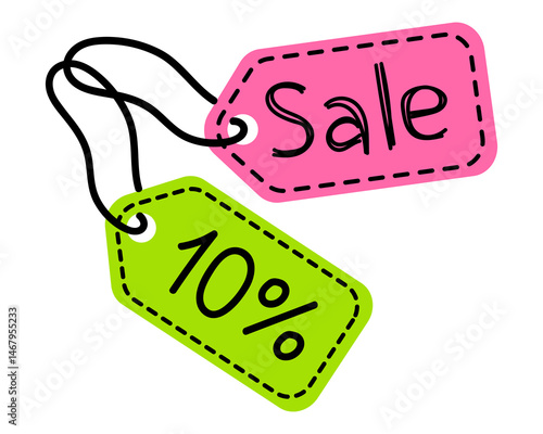 Colorful sale tags displaying discount offers and promotional sales during a shopping event