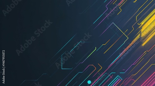 Abstract dark background, colorful diagonal lines, geometric shapes.