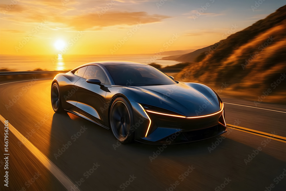 Beautiful modern sport car driving fast, revving on scenic road at sunset, automotive background, tuning template, auto transport