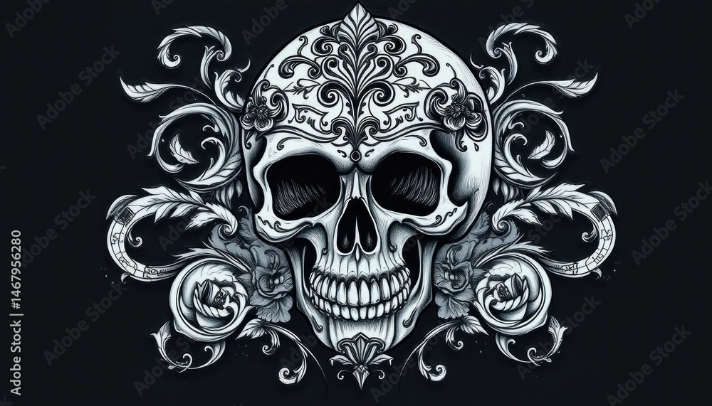 Elegant skull artwork with floral decorations on a plain background, captivating design for creative projects Elegant skull artwork with floral decorations on a plain background, captivating design for creative projects
