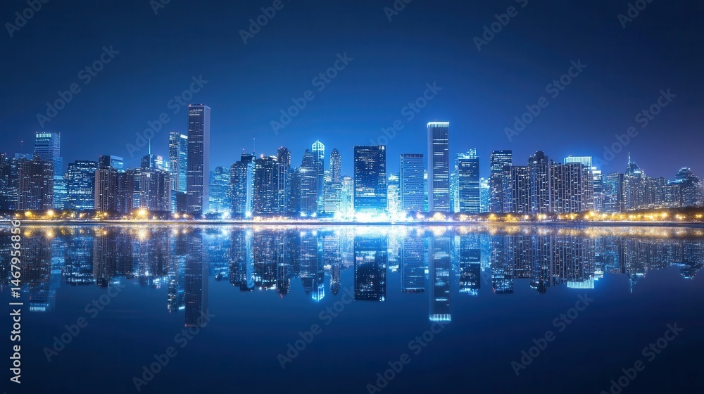 Fototapeta premium Night cityscape reflected in calm water.