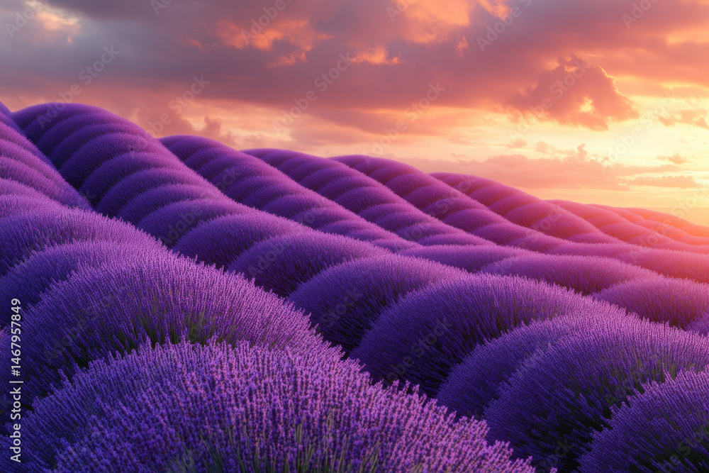 Fototapeta premium Sunset over lavender fields.