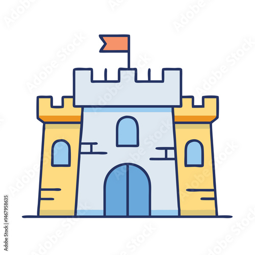Illustration of a medieval castle fortress with flag fairytale kingdom architecture building design