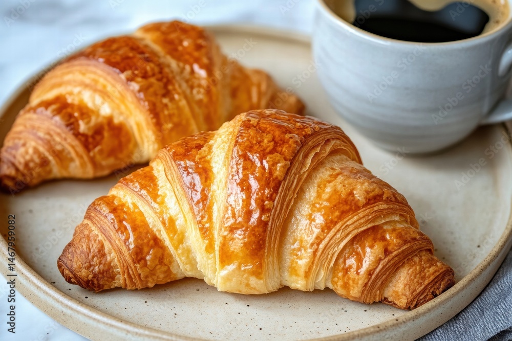 Flaky croissants arranged on grey ceramic plate Flaky croissants arranged on grey ceramic plate