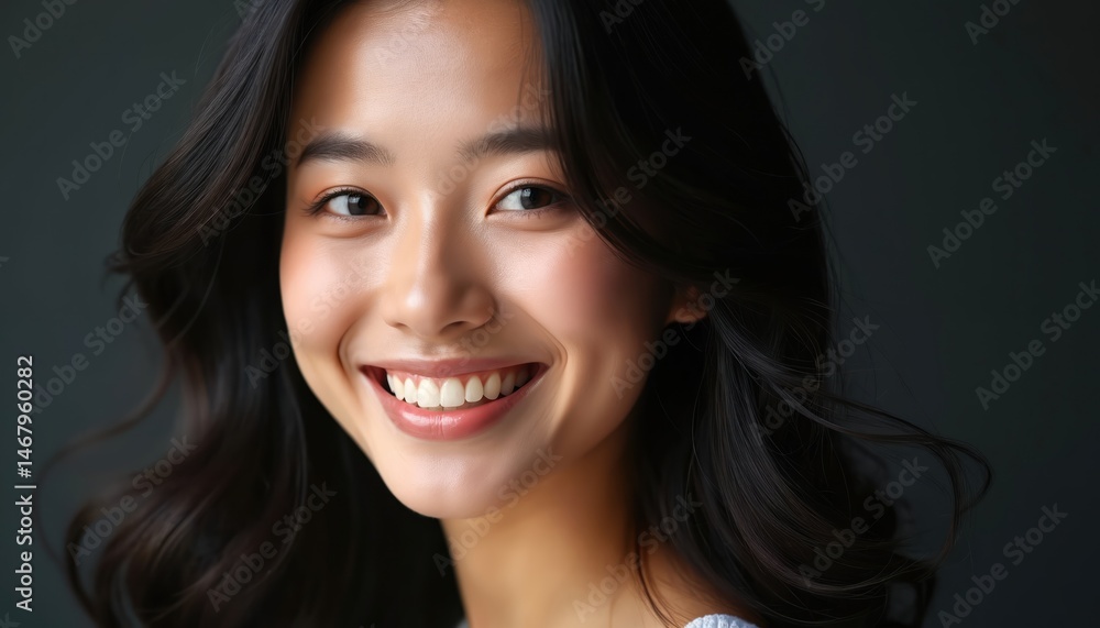 Beautiful young Asian woman with bright smile, natural makeup. Brunette girl with long wavy black hair, healthy skin. Portrait on dark background, ideal for beauty, skincare, cosmetic brands, hair Beautiful young Asian woman with bright smile, natural makeup. Brunette girl with long wavy black hair, healthy skin. Portrait on dark background, ideal for beauty, skincare, cosmetic brands, hair
