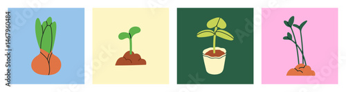A collection of posters with vector illustrations of tulip bulb, sprouts, and young seedlings. Ideal for classrooms, gardening guides, or agricultural presentations. Spring vibes.