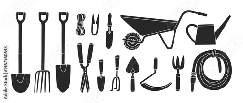 Big set with various gardening tools. Vector illustration. Can be used in advertising materials, website banners, educational resources, brochures, and infographics related to agriculture.