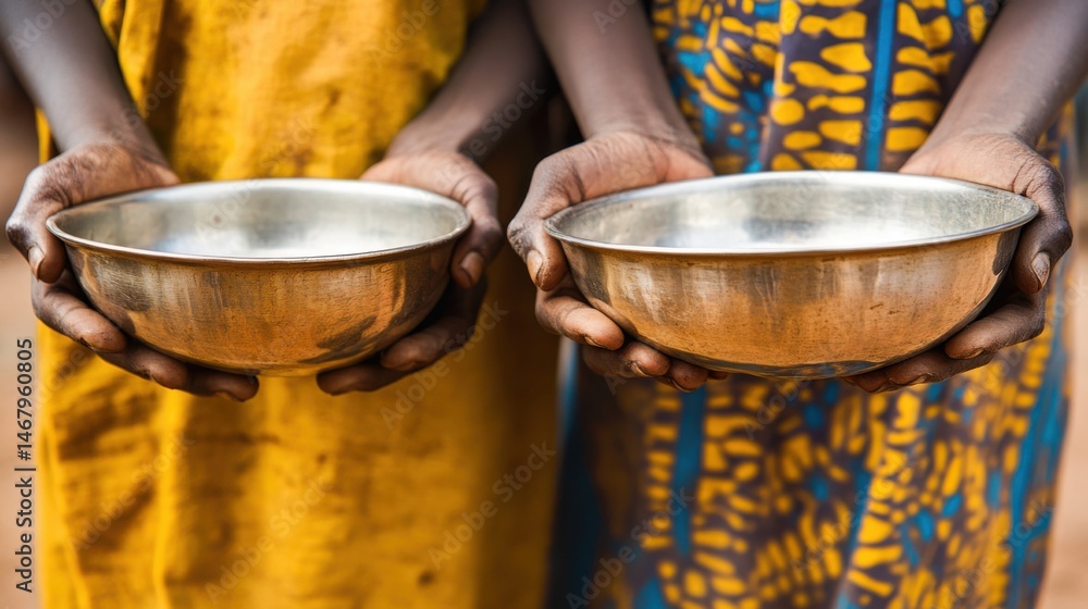 Hungry African Children Holding Empty Bowls During Food Distribution Effort
