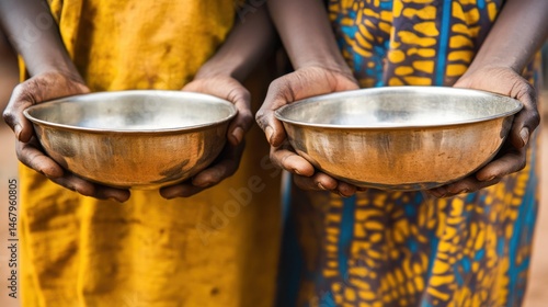 Obraz na płótnie Hungry African Children Holding Empty Bowls During Food Distribution Effort w salonie