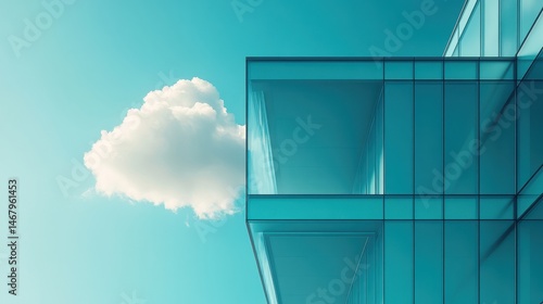 Glass building against a blue sky with a fluffy cloud.