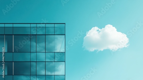 Modern building reflecting clouds on a vibrant blue sky.