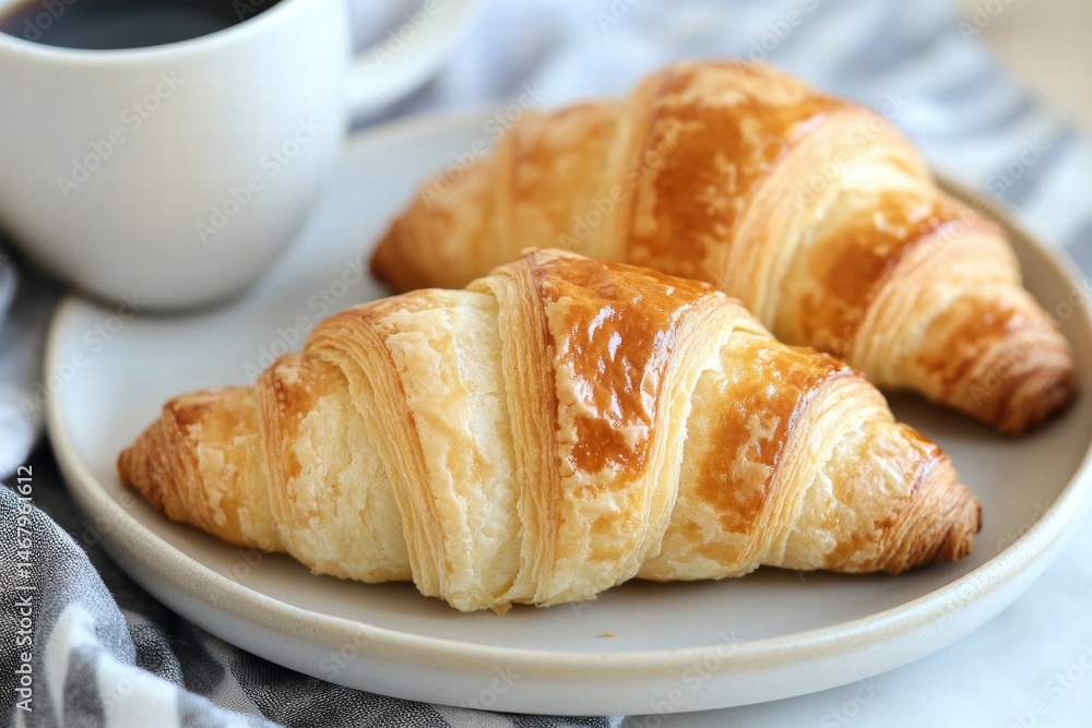 Close-up of golden croissants on white table Close-up of golden croissants on white table