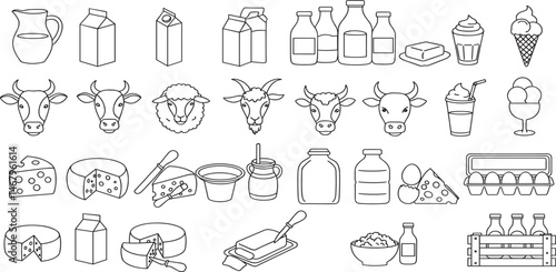 Dairy and milk products editable stroke outline icons set isolated on white background flat vector illustration.